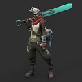 Game Movie Character With White Hair Red Scarf Backpack Green Pants And Large Teal Weapon