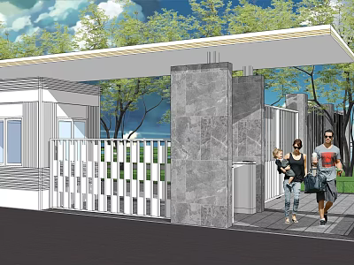 Modern Building Exterior Wall With Gray Stone Columns White Fence And Pedestrians At Entrance 3d model