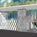 Modern Building Exterior Wall With Gray Stone Columns White Fence And Pedestrians At Entrance