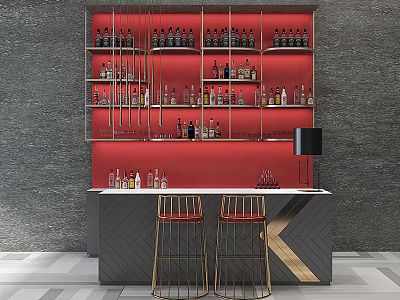 Modern Bar Counter With Red Shelves Holding Bottles Golden Stools And Black Lamp 3d model