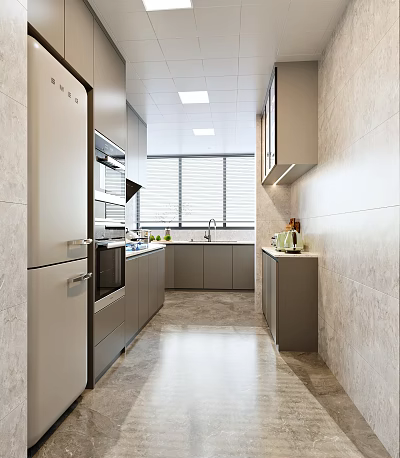 Modern Kitchen Interior With Gray Cabinets Stainless Steel Appliances Countertop And Natural Light 3d model