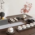 Traditional Tea Set With Charcoal Stove Steam Red Leaves On Wooden Tray