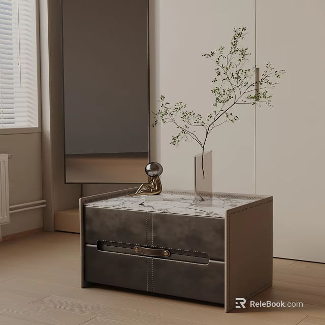 Modern Bedside Table With Marble Top Dark Cabinet Glass Vase And Small Plant Decor 3d model 
