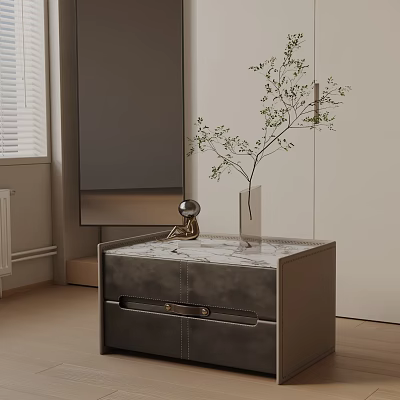 Modern Bedside Table With Marble Top Dark Cabinet Glass Vase And Small Plant Decor 3d model