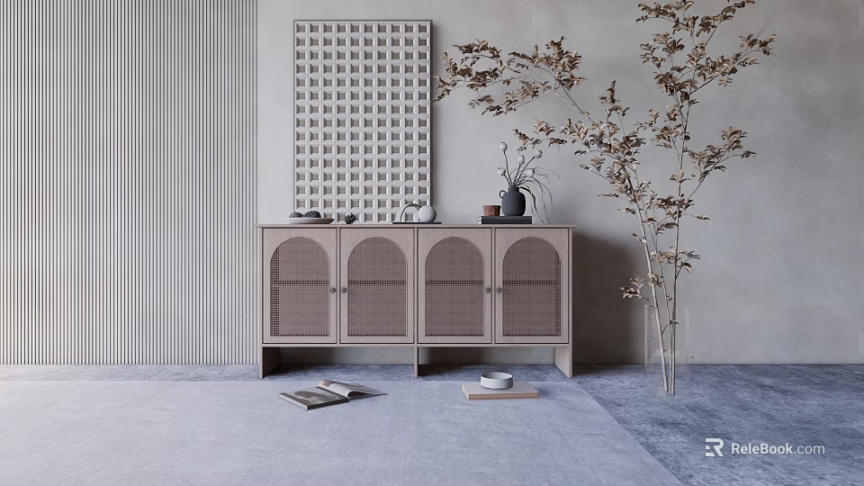 Elegant Decorative Ornament Set On Rattan Cabinet With Geometric Painting Dried Branches And Books 3d model 
