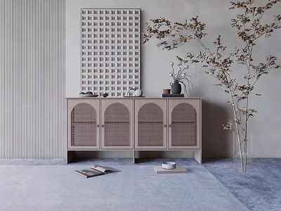 Elegant Decorative Ornament Set On Rattan Cabinet With Geometric Painting Dried Branches And Books 3d model
