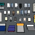 Collection of Various Household Appliances Featuring Water Heaters Electric Meters Solar Panels and Radiators