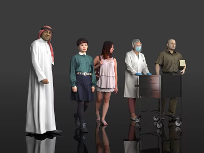 Diverse Group of People in Traditional and Modern Clothing With Medical Professional and Trolley 3d model