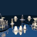 Garden Ornaments Featuring Decorative Water Fountains With Various Shapes And Reflections On Water Surface
