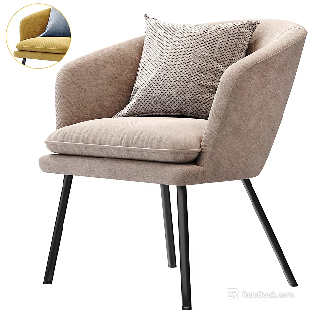 Light Gray Upholstered Accent Chair With Armrest Black Metal Legs And Checkered Pillow 3d model 