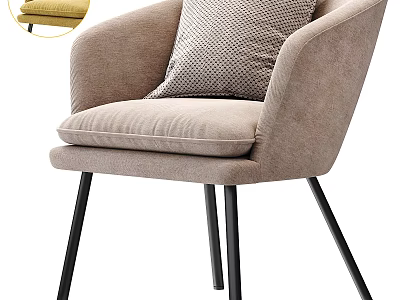 Light Gray Upholstered Accent Chair With Armrest Black Metal Legs And Checkered Pillow 3d model
