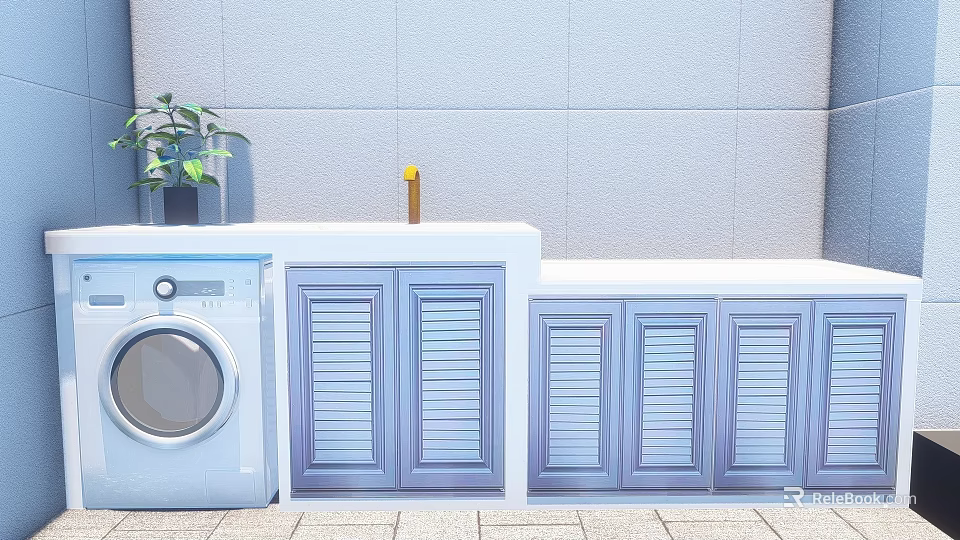 Modern Washbasin Vanity With Blue Cabinets Washing Machine And Potted Plant Against Gray Wall 3d model 