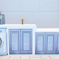 Modern Washbasin Vanity With Blue Cabinets Washing Machine And Potted Plant Against Gray Wall