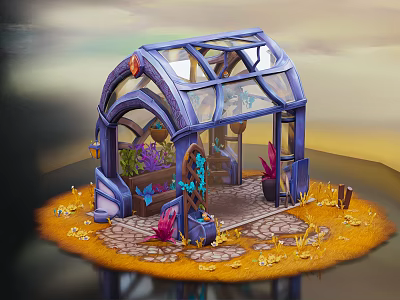 Cartoon Scene Blue Arched Glass Greenhouse With Interior Plants Yellow Fallen Leaves And Stone Pathway 3d model