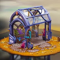 Cartoon Scene Blue Arched Glass Greenhouse With Interior Plants Yellow Fallen Leaves And Stone Pathway