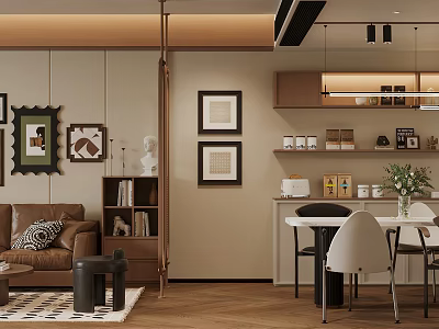 Modern Living and Dining Area Interior With Brown Sofa Bookshelf Framed Paintings And Pendant Lights 3d model