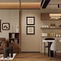 Modern Living and Dining Area Interior With Brown Sofa Bookshelf Framed Paintings And Pendant Lights