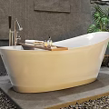 White Freestanding Bathtub With Gray Stone Wall Hanging Lamp And Green Plant On Pebble Floor