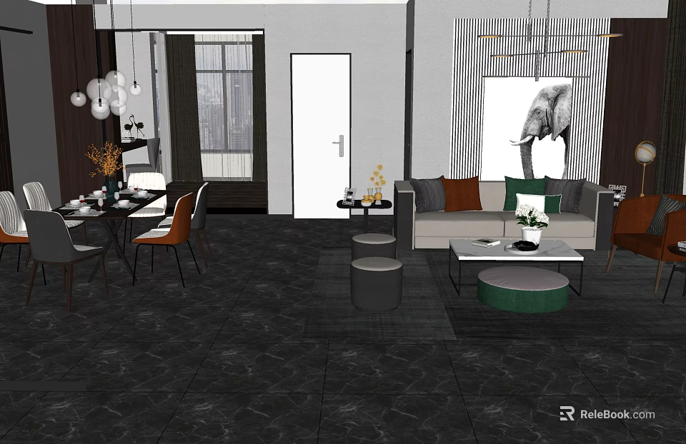 Modern Living Room Sofa Coffee Table Set With Decorative Pillows And Elephant Wall Art 3d model 