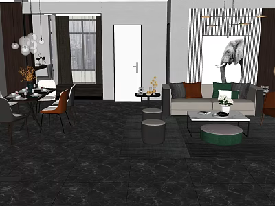 Modern Living Room Sofa Coffee Table Set With Decorative Pillows And Elephant Wall Art 3d model