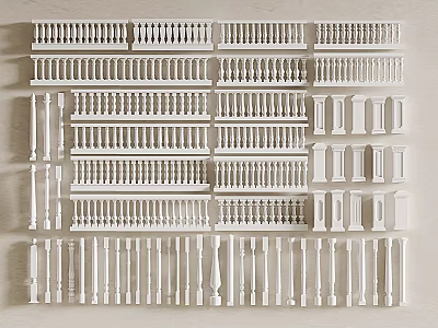 Various White Fence Components With Decorative Railings And Support Posts 3d model