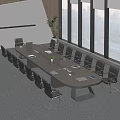 Modern Conference Table With Black Chairs Laptop Plant And City View Through Windows