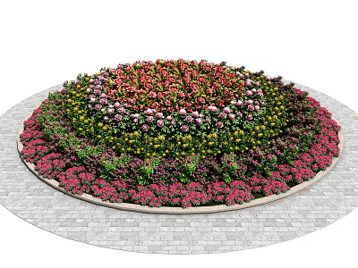 Colorful Flowers and Plants Arranged in Round Bed with Concentric Circles on Stone Paved Ground 3d model