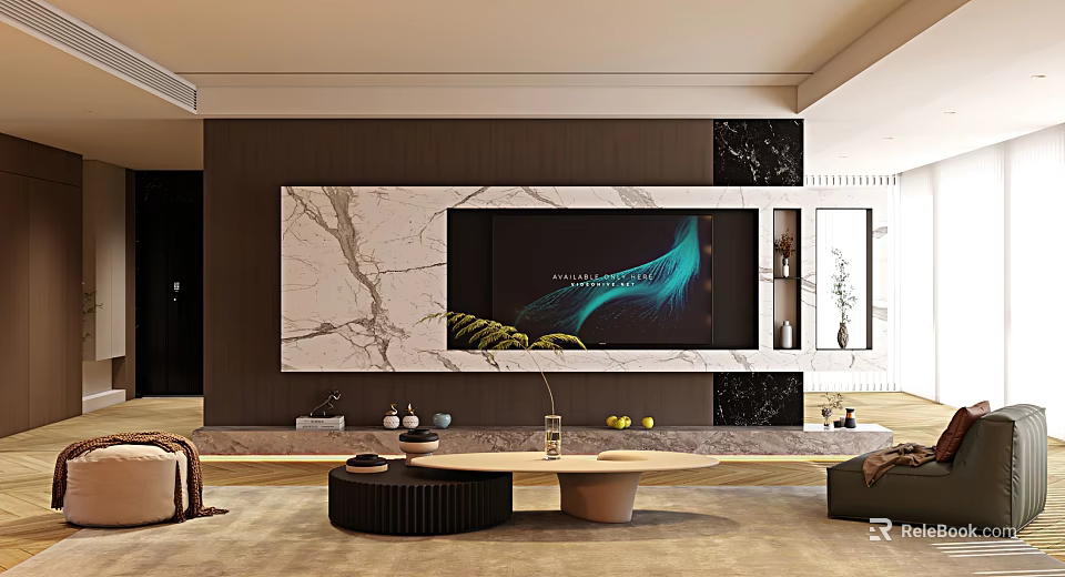 Modern Living Room Interior With Marble Accent Wall TV Screen Coffee Tables And Green Plants 3d model 