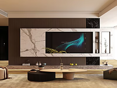 Modern Living Room Interior With Marble Accent Wall TV Screen Coffee Tables And Green Plants 3d model