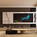 Modern Living Room Interior With Marble Accent Wall TV Screen Coffee Tables And Green Plants