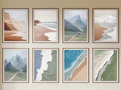 Abstract Landscape Paintings Featuring Mountain Beach Wave Elements And Framed Natural Tones Panels 3d model