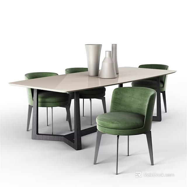 Dining Table Set With Green Chairs And White Vases Placed On Table 3d model