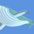 Cartoon Green Whale With White Striped Belly Small Fish And Duck On Light Blue Background