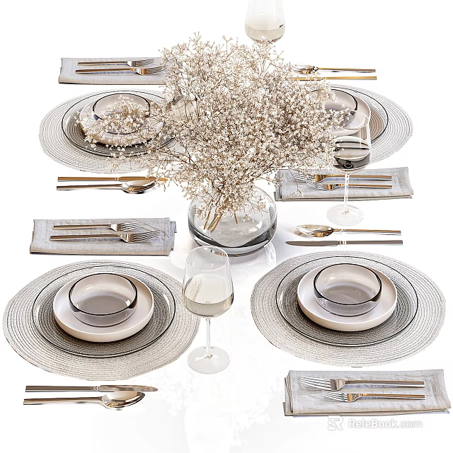 Elegant Dinnerware Set with Plates Bowls Cutlery Wine Glasses Placemats and Dried Flower Vase 3d model 