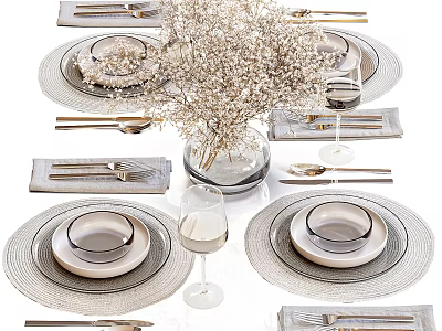 Elegant Dinnerware Set with Plates Bowls Cutlery Wine Glasses Placemats and Dried Flower Vase 3d model