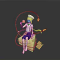 Cartoon Character Sitting On Box Wearing White Hat Holding Dessert With Chain And Key