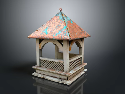 Classic Rustic Wooden Pavilion With Copper Roof Arched Design And Base Structure 3d model
