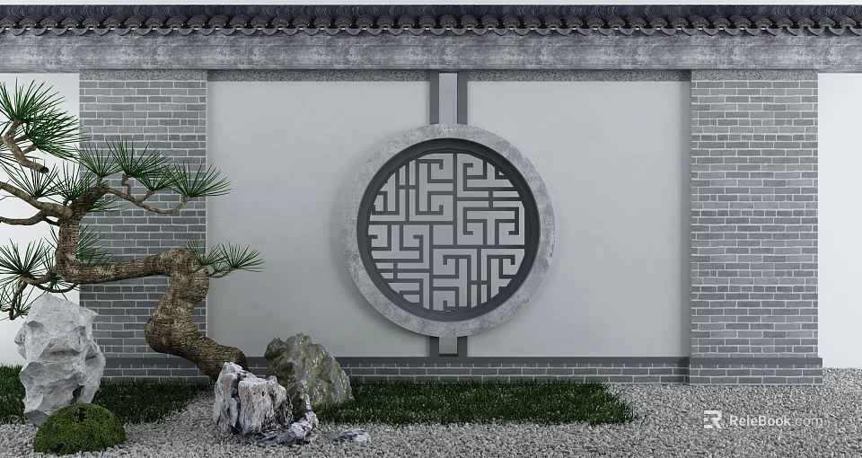 Chinese Style Scenic Wall With Circular Lattice Window Geometric Pattern Pine Tree Stones And Grass 3d model 