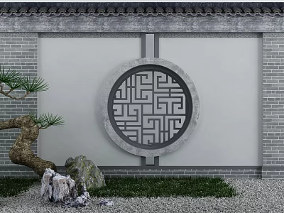 Chinese Style Scenic Wall With Circular Lattice Window Geometric Pattern Pine Tree Stones And Grass 3d model
