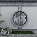 Chinese Style Scenic Wall With Circular Lattice Window Geometric Pattern Pine Tree Stones And Grass