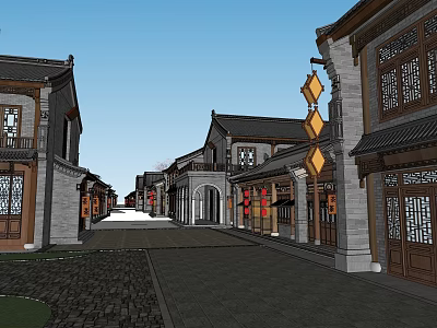 Traditional Chinese Commercial Street With Ancient Architecture Stone Pavement And Lanterns 3d model