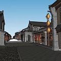 Traditional Chinese Commercial Street With Ancient Architecture Stone Pavement And Lanterns