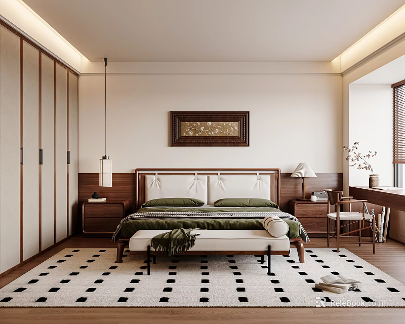 Modern bedroom interior with bed nightstands built-in wardrobe patterned rug and wall art 3d model 