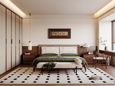 Modern bedroom interior with bed nightstands built-in wardrobe patterned rug and wall art 3d model