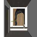 Abstract Painting With Black Gold Background White Curved Lines In Hallway Green Plant And Doll