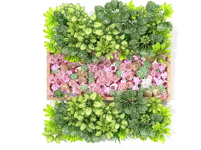 Lush Vibrant Vertical Living Plant Wall Design With Green Foliage And Pink Flowers 3d model