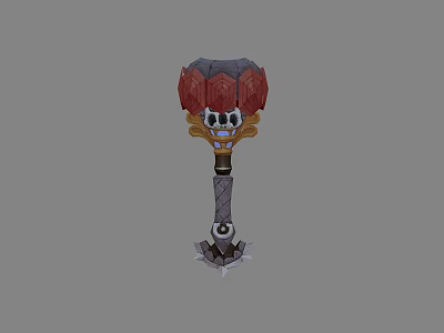 Ornate Stone War Hammer With Red Stone Head Skull Decoration And Textured Gray Handle 3d model