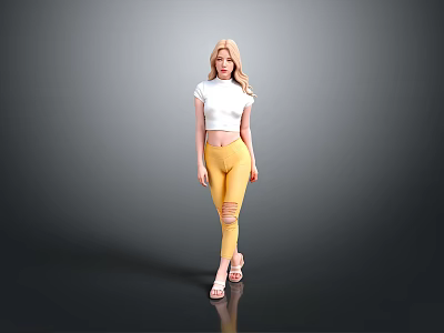 Blonde Woman Standing Gray Background Wearing White Cropped Top Yellow Ripped Pants Beige Sandals 3d model