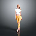 Blonde Woman Standing Gray Background Wearing White Cropped Top Yellow Ripped Pants Beige Sandals