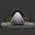 Enchanted Archway With Pink Flowers Vines Lanterns Circular Stone Slab And Green Grass